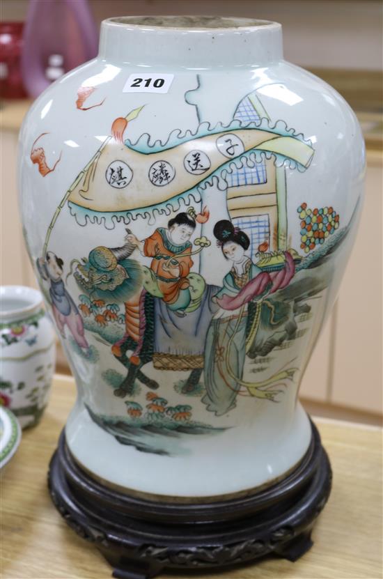 A large Chinese Republic period famille rose vase, wood stand H 35cm